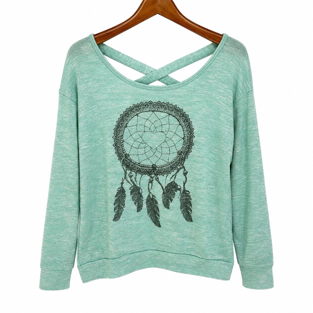 Boho Dreamcatcher Graphic Sweatshirt Turquoise Crisscross Back Womens Medium
